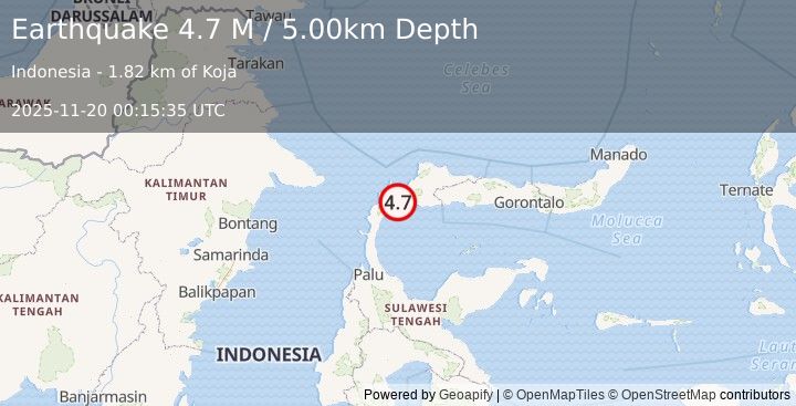 Earthquake Minahassa Peninsula, Sulawesi (4.7 M) (2025-11-20 00:15:35 UTC)