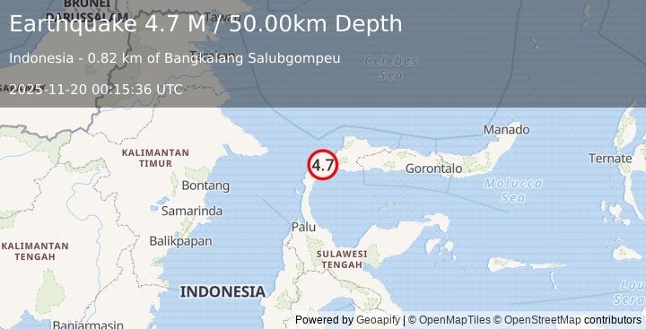 Earthquake Minahassa Peninsula, Sulawesi (4.8 M) (2025-11-20 00:15:35 UTC)