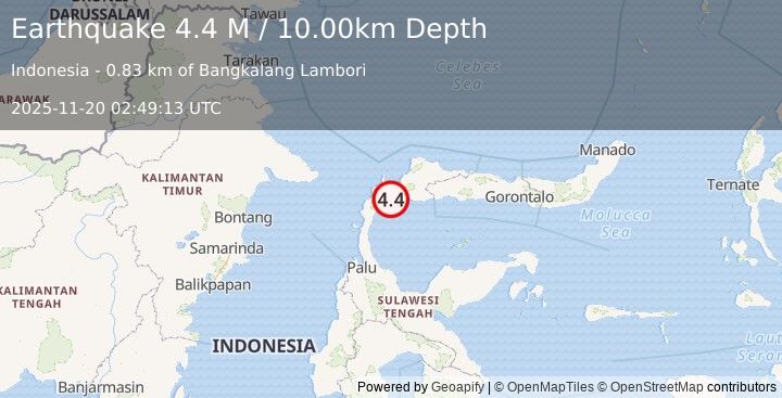 Earthquake Minahassa Peninsula, Sulawesi (4.4 M) (2025-11-20 02:49:13 UTC)