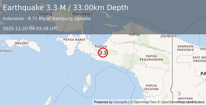 Earthquake West Papua Region, Indonesia (3.3 M) (2025-11-20 04:03:26 UTC)