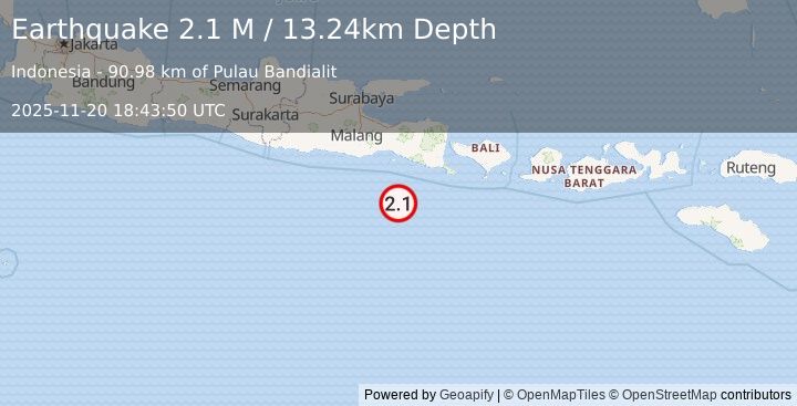 Earthquake South of Java, Indonesia (2.1 M) (2025-11-20 18:43:50 UTC)