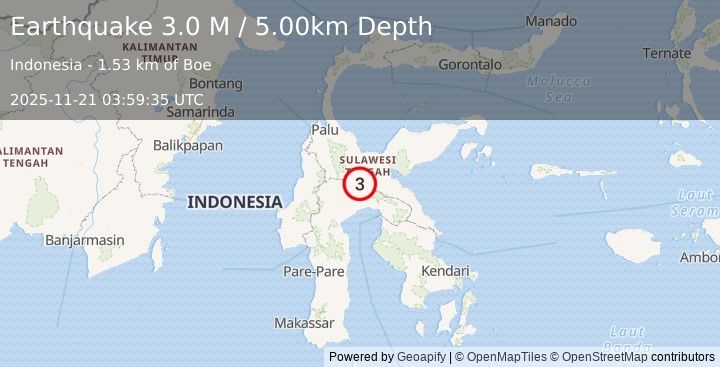 Earthquake Sulawesi, Indonesia (3.0 M) (2025-11-21 03:59:35 UTC)
