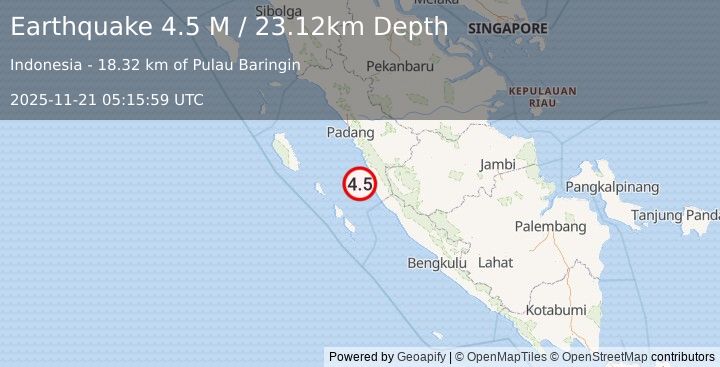 Earthquake Southern Sumatra, Indonesia (4.5 M) (2025-11-21 05:15:59 UTC)