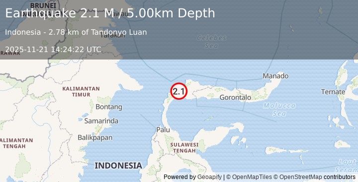 Earthquake Minahassa Peninsula, Sulawesi (2.1 M) (2025-11-21 14:24:22 UTC)