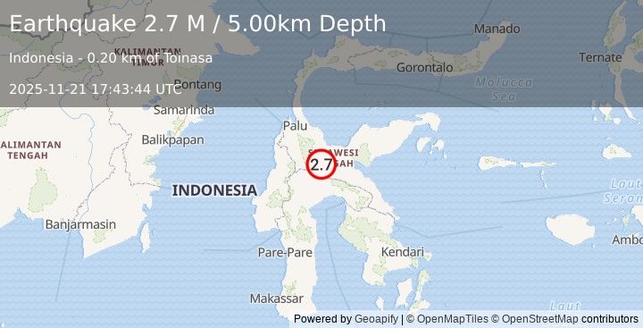 Earthquake Sulawesi, Indonesia (2.7 M) (2025-11-21 17:43:45 UTC)