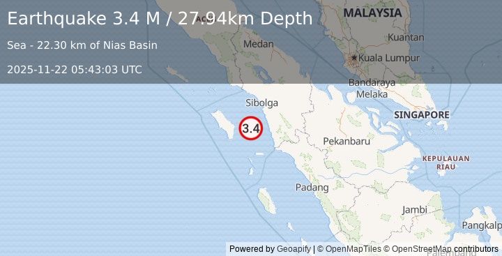 Earthquake Northern Sumatra, Indonesia (3.4 M) (2025-11-22 05:43:03 UTC)