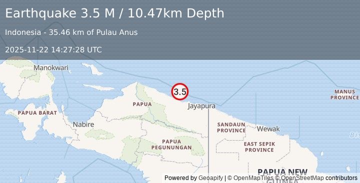 Earthquake Near North Coast of West Papua (3.5 M) (2025-11-22 14:27:28 UTC)