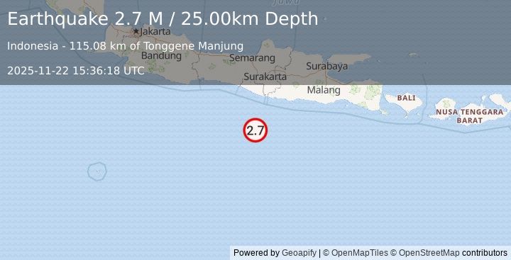 Earthquake South of Java, Indonesia (2.6 M) (2025-11-22 15:36:21 UTC)