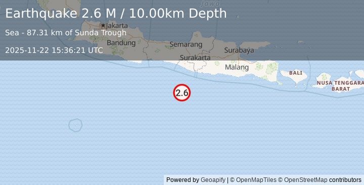 Earthquake South of Java, Indonesia (2.6 M) (2025-11-22 15:36:21 UTC)