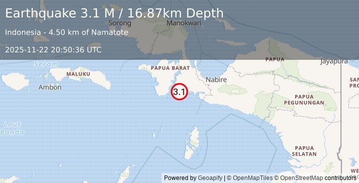 Earthquake West Papua Region, Indonesia (3.1 M) (2025-11-22 20:50:36 UTC)
