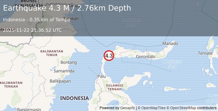 Earthquake Minahassa Peninsula, Sulawesi (4.3 M) (2025-11-22 21:36:52 UTC)
