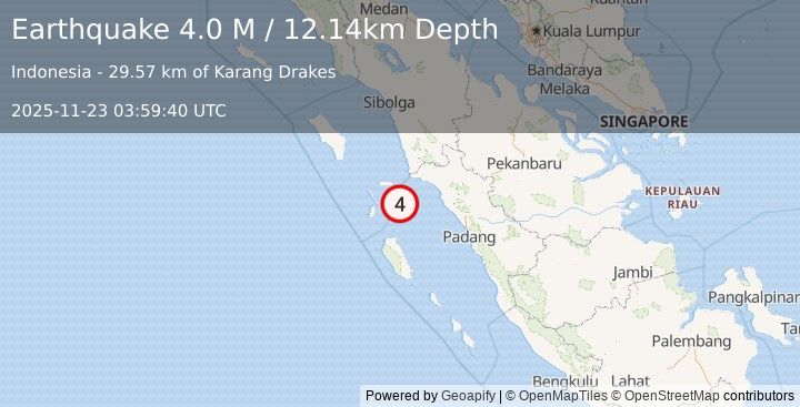 Earthquake Southern Sumatra, Indonesia (4.0 M) (2025-11-23 03:59:40 UTC)