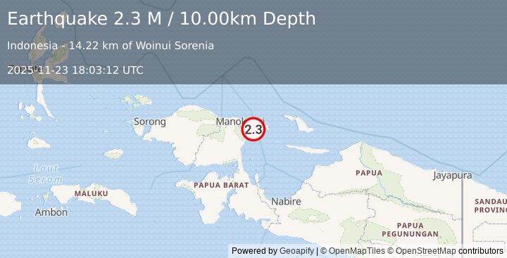 Earthquake West Papua Region, Indonesia (2.3 M) (2025-11-23 18:03:12 UTC)