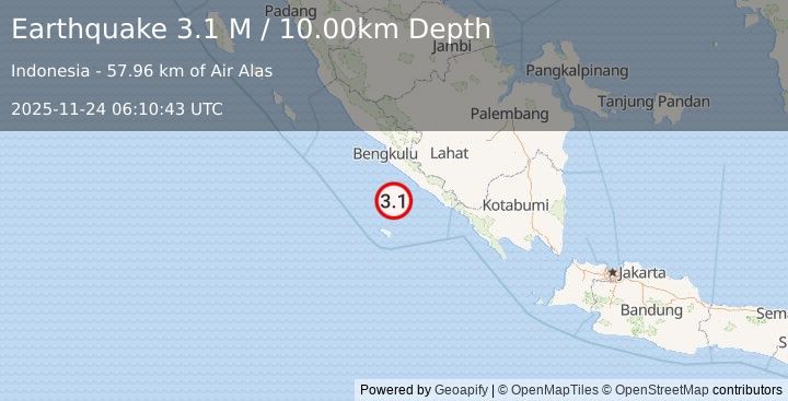 Earthquake Southern Sumatra, Indonesia (3.1 M) (2025-11-24 06:10:43 UTC)