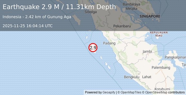 Earthquake Southern Sumatra, Indonesia (2.9 M) (2025-11-25 16:04:14 UTC)