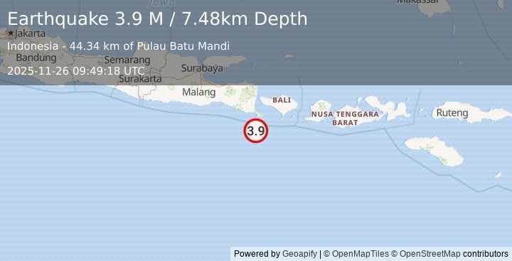 Earthquake South of Bali, Indonesia (4.4 M) (2025-11-26 09:49:16 UTC)