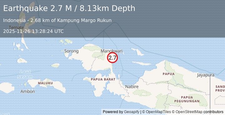 Earthquake West Papua Region, Indonesia (2.7 M) (2025-11-26 13:28:24 UTC)