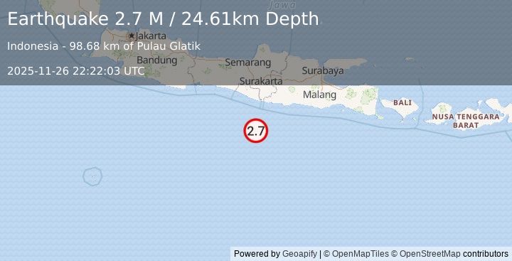 Earthquake South of Java, Indonesia (2.7 M) (2025-11-26 22:22:03 UTC)