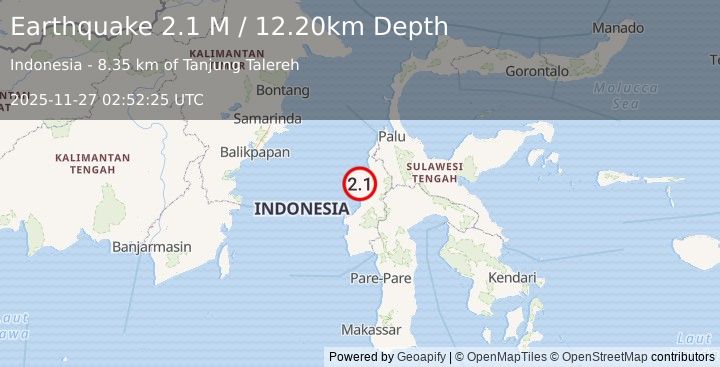 Earthquake Sulawesi, Indonesia (2.1 M) (2025-11-27 02:52:25 UTC)