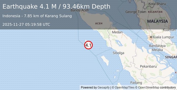Earthquake Northern Sumatra, Indonesia (4.1 M) (2025-11-27 05:19:58 UTC)