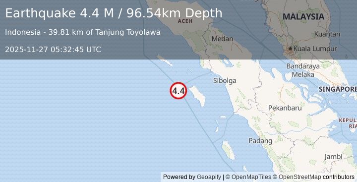 Earthquake Off West Coast of Northern Sumatra (4.2 M) (2025-11-27 05:32:48 UTC)
