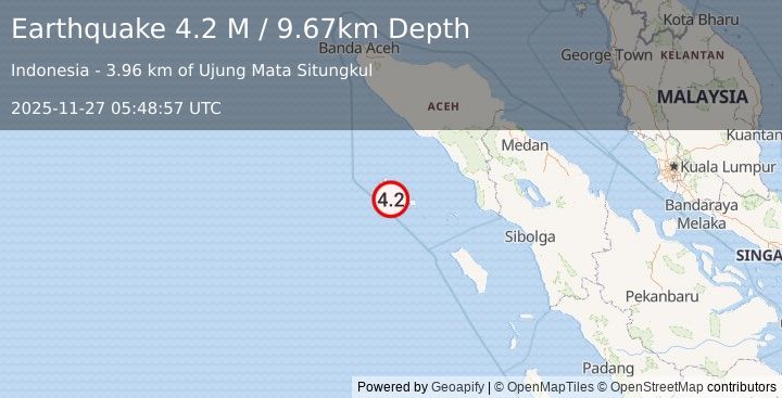 Earthquake Off West Coast of Northern Sumatra (4.2 M) (2025-11-27 05:48:55 UTC)