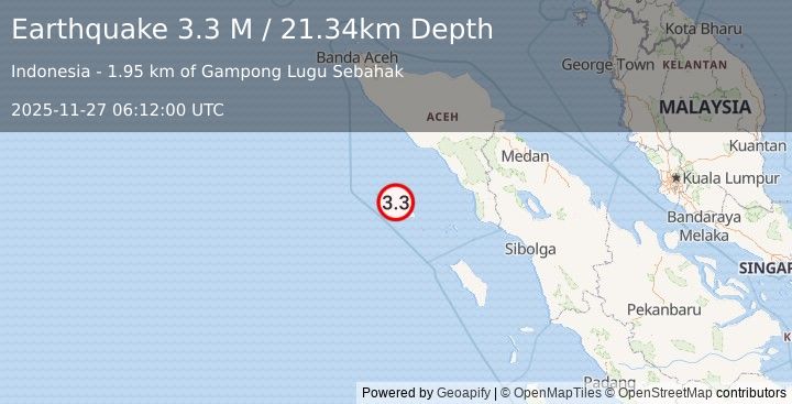Earthquake Northern Sumatra, Indonesia (3.3 M) (2025-11-27 06:12:00 UTC)