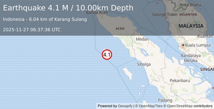 Earthquake Northern Sumatra, Indonesia (4.1 M) (2025-11-27 06:37:36 UTC)