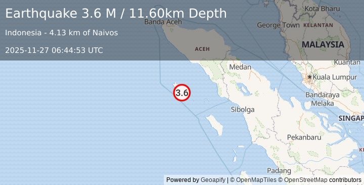 Earthquake Northern Sumatra, Indonesia (3.3 M) (2025-11-27 06:44:52 UTC)