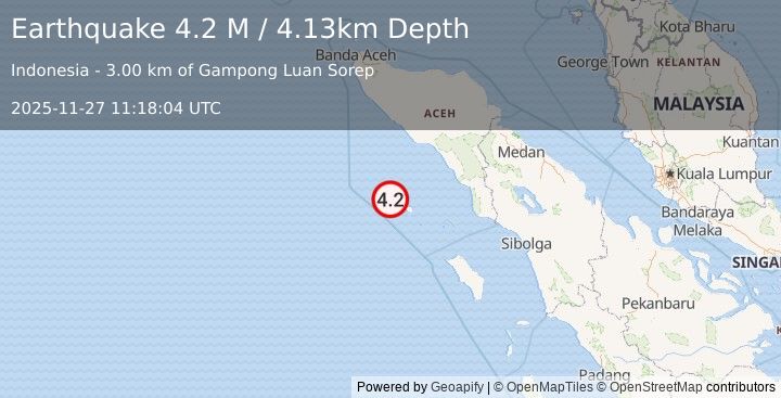 Earthquake Off West Coast of Northern Sumatra (4.1 M) (2025-11-27 11:18:04 UTC)
