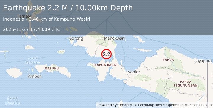 Earthquake West Papua Region, Indonesia (2.2 M) (2025-11-27 17:48:13 UTC)