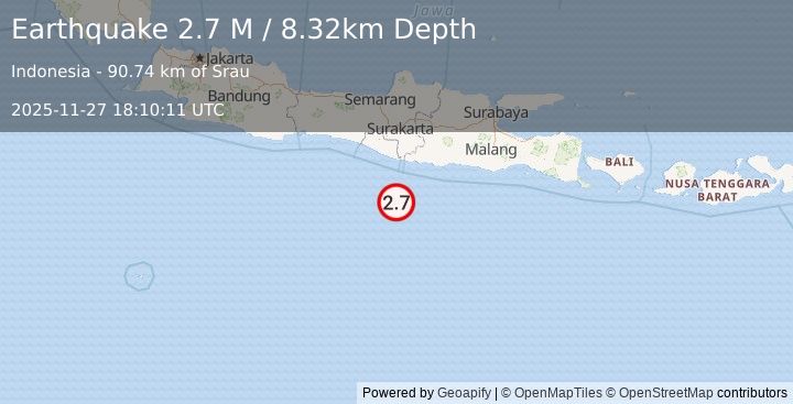 Earthquake South of Java, Indonesia (2.7 M) (2025-11-27 18:10:11 UTC)