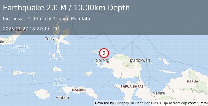 Earthquake West Papua Region, Indonesia (2.0 M) (2025-11-27 18:27:09 UTC)