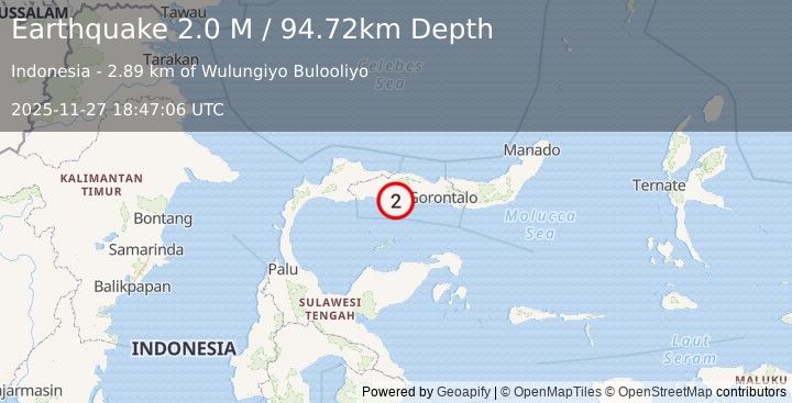 Earthquake Minahassa Peninsula, Sulawesi (2.0 M) (2025-11-27 18:47:06 UTC)