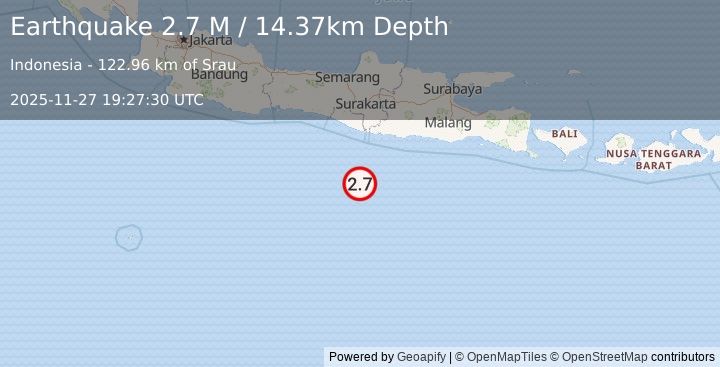 Earthquake South of Java, Indonesia (2.7 M) (2025-11-27 19:27:30 UTC)