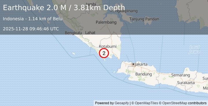 Earthquake Southern Sumatra, Indonesia (2.0 M) (2025-11-28 09:46:47 UTC)