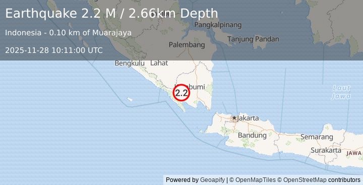 Earthquake Southern Sumatra, Indonesia (2.2 M) (2025-11-28 10:11:00 UTC)