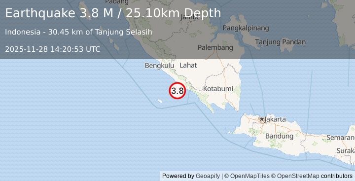 Earthquake Southern Sumatra, Indonesia (3.6 M) (2025-11-28 14:20:53 UTC)