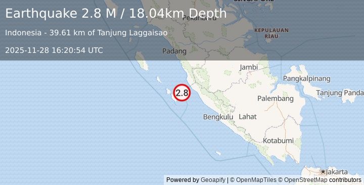Earthquake Southern Sumatra, Indonesia (2.8 M) (2025-11-28 16:20:54 UTC)