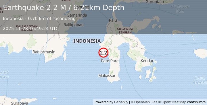 Earthquake Sulawesi, Indonesia (2.2 M) (2025-11-28 16:49:24 UTC)