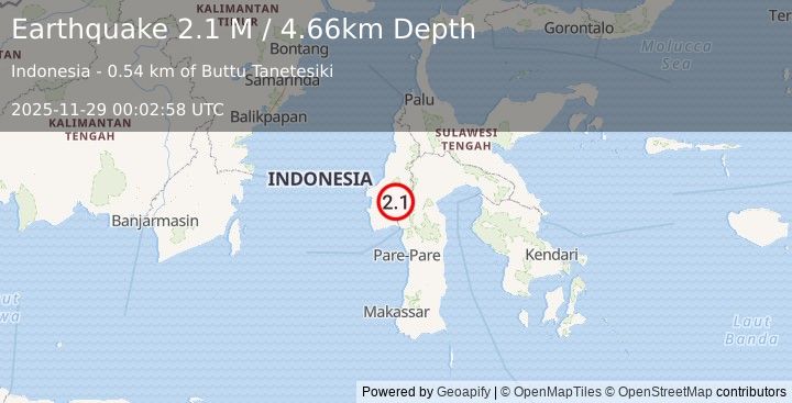 Earthquake Sulawesi, Indonesia (2.1 M) (2025-11-29 00:02:58 UTC)