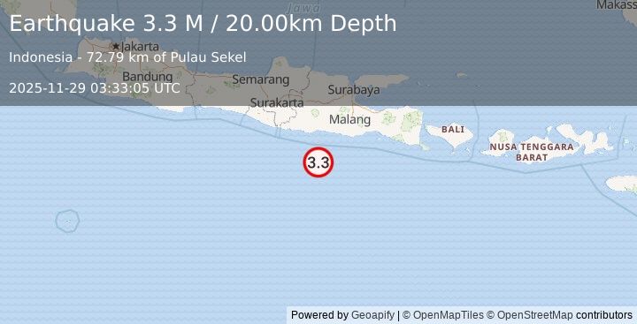 Earthquake South of Java, Indonesia (3.3 M) (2025-11-29 03:33:05 UTC)