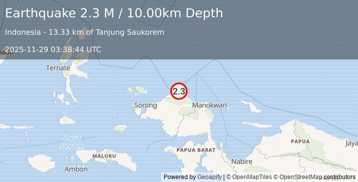 Earthquake West Papua Region, Indonesia (2.3 M) (2025-11-29 03:38:44 UTC)