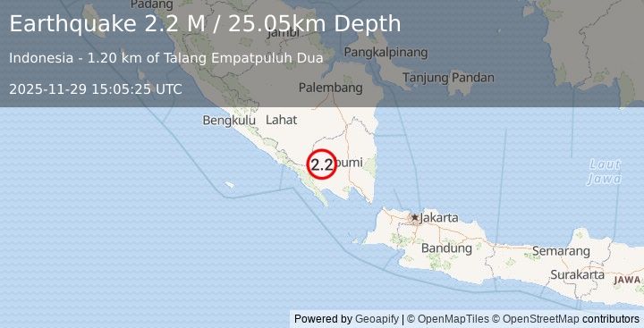 Earthquake Southern Sumatra, Indonesia (2.2 M) (2025-11-29 15:05:25 UTC)
