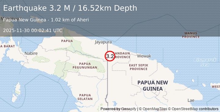 Earthquake New Guinea, Papua New Guinea (3.2 M) (2025-11-30 00:02:42 UTC)