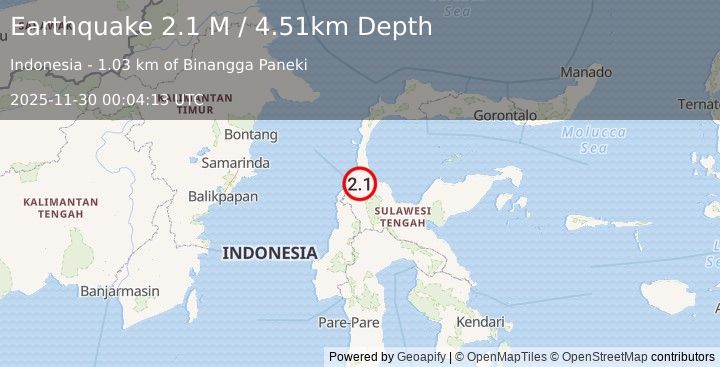 Earthquake Minahassa Peninsula, Sulawesi (2.1 M) (2025-11-30 00:04:13 UTC)