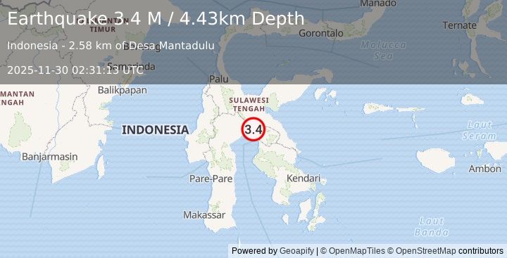 Earthquake Sulawesi, Indonesia (3.4 M) (2025-11-30 02:31:13 UTC)