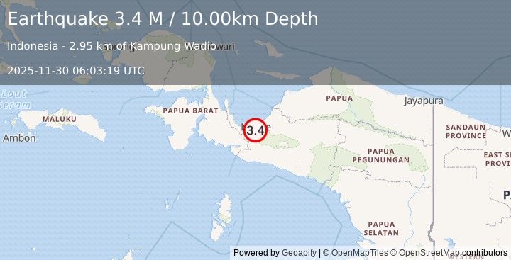 Earthquake West Papua Region, Indonesia (3.4 M) (2025-11-30 06:03:15 UTC)