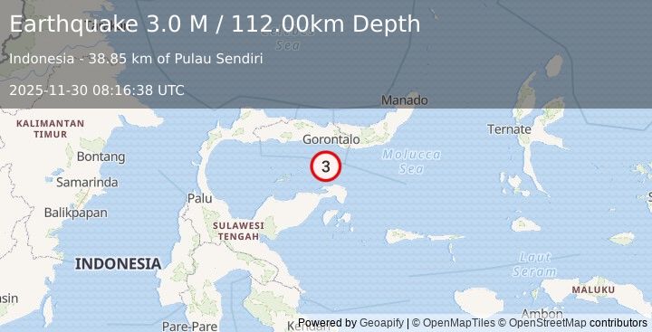 Earthquake Minahassa Peninsula, Sulawesi (3.1 M) (2025-11-30 08:16:37 UTC)