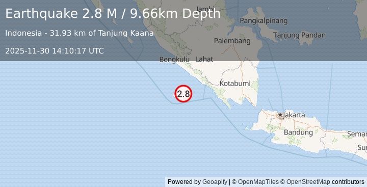 Earthquake Southern Sumatra, Indonesia (2.6 M) (2025-11-30 14:10:18 UTC)